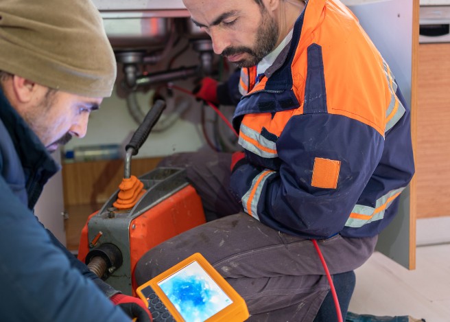 Dos técnicos revisando en pantalla la grabación de una cámara de inspección bajo un fregadero en Vecindario
